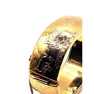 Vintage Hinged Chunky Gold Bracelet wChain 1940s Marked Japan Engraved Victorian